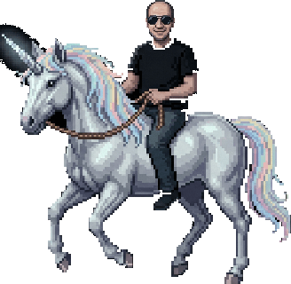 Pixel-art avatar of Ami riding a unicorn